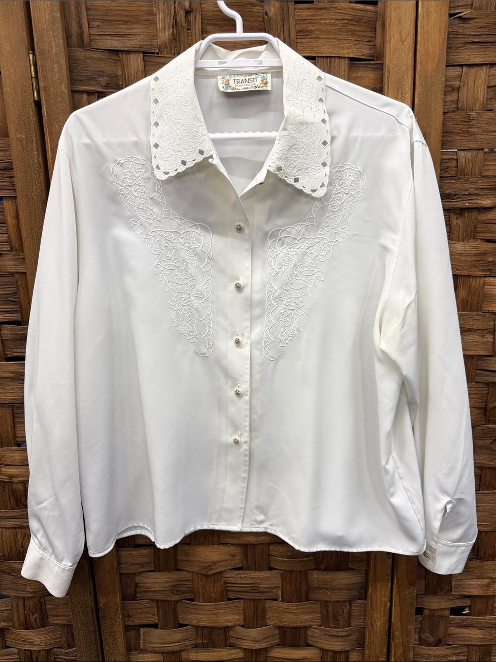 Vintage White Embroidered Collared Women's Blouse